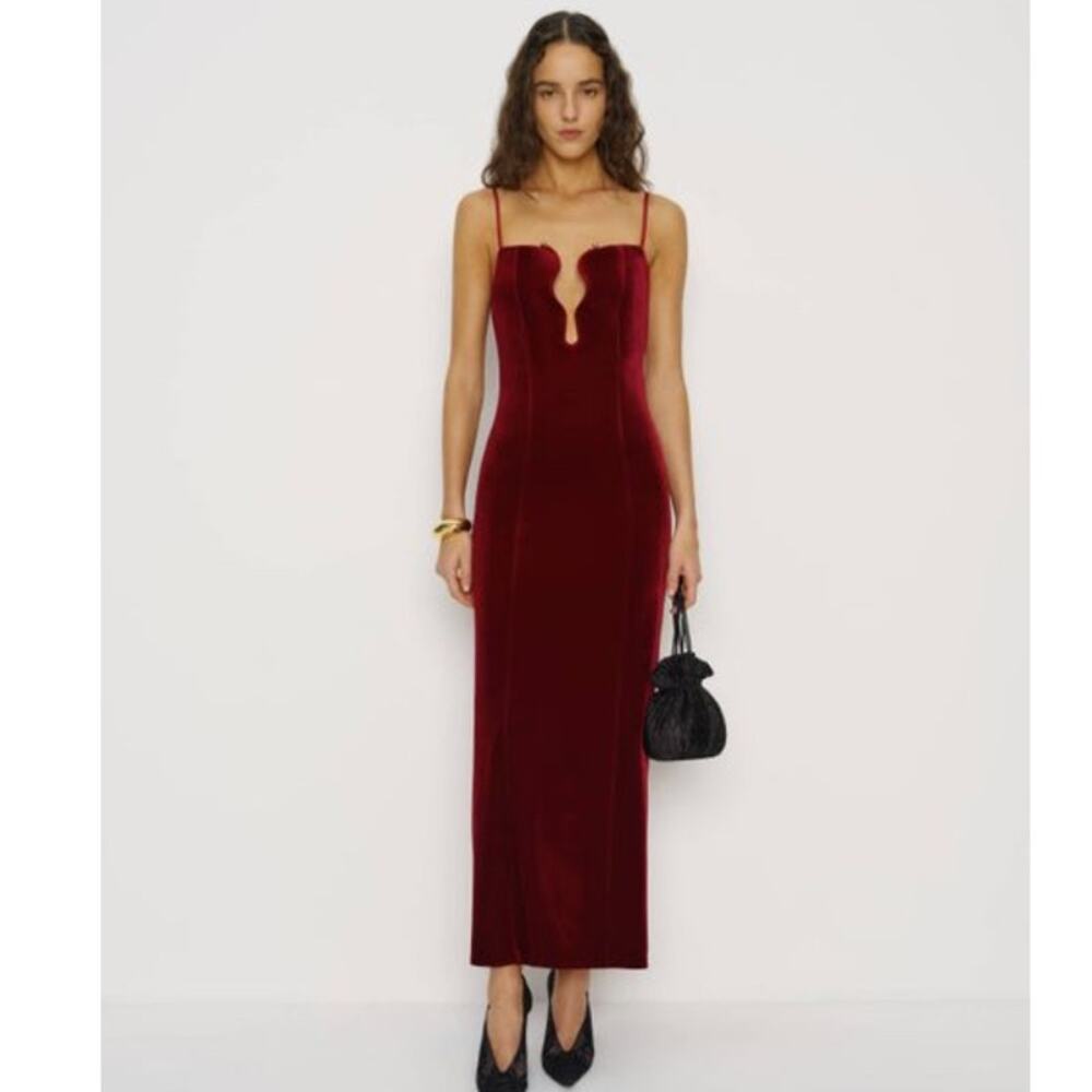 Reformation Isa Red Velvet Knit Plunging Maxi Dress Size M